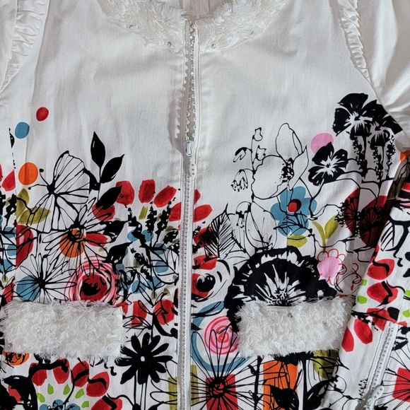 Berek Jacket Womens Large White Flower Pop Stretch Bling Zipper Short Pockets - Picture 4 of 14